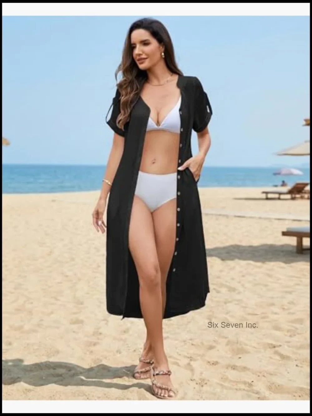 Swimsuit Coverup Button Down Casual Summer Dress with Pockets - Picture 4 of 7